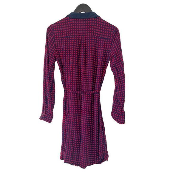 Tommy Hilfiger Red Navy Windowpane Pattern Button Down Cinch Waist Shirt Dress - Picture 2 of 7